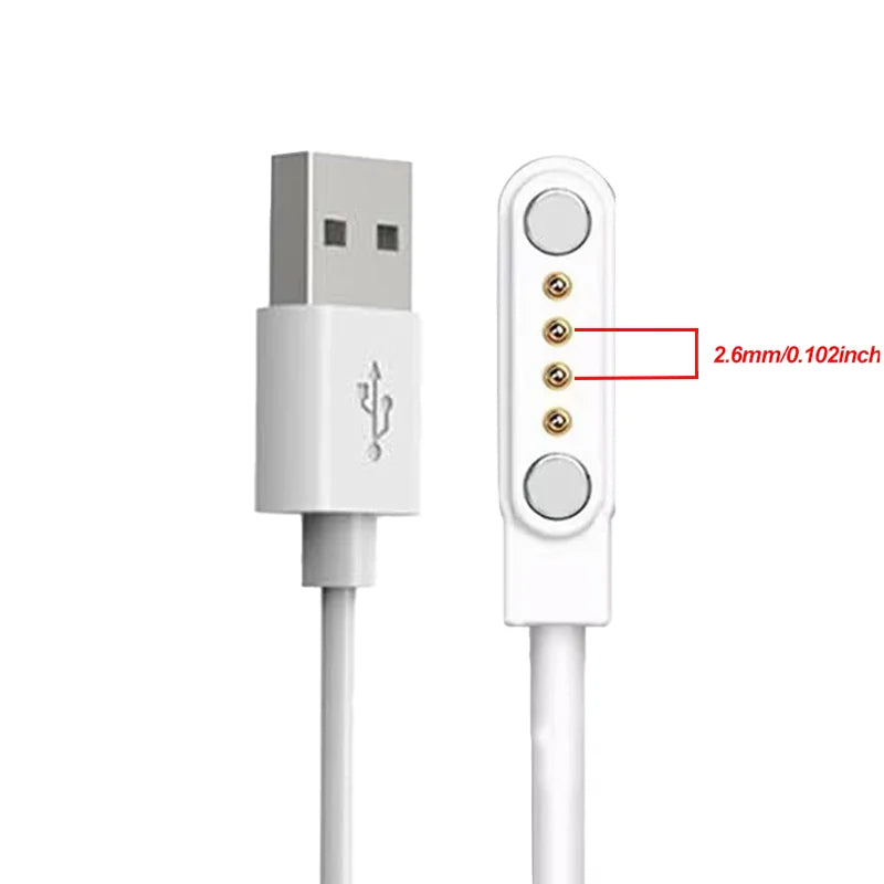 USB Charging Cable And Adapter for Smartwatches, Featuring a 2-Pin And 4-Pin Dock for Power Connection.