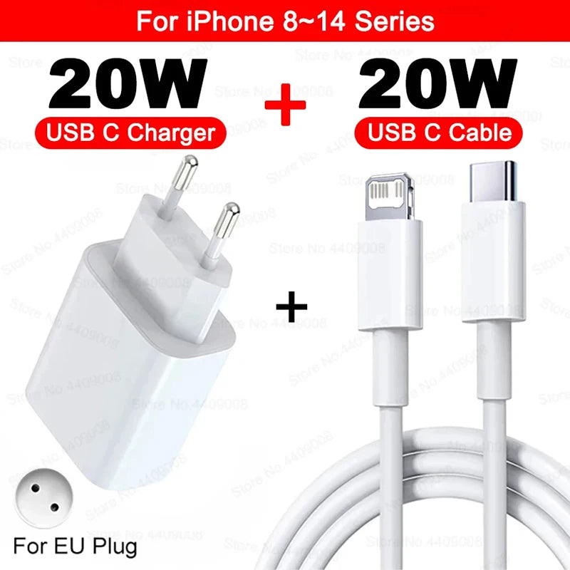 20W USB C PD Charger Quick Charge 3.0 USB Type C Phone Chargers Cable Fast Charging Adapter For iPhone 16 15 14 13 12 11 Pro Max