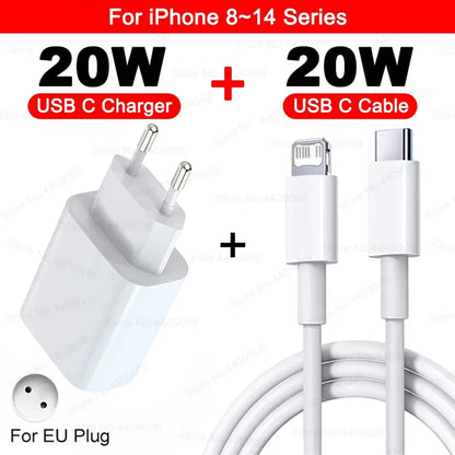 20W USB C PD Charger Quick Charge 3.0 USB Type C Phone Chargers Cable Fast Charging Adapter For iPhone 16 15 14 13 12 11 Pro Max