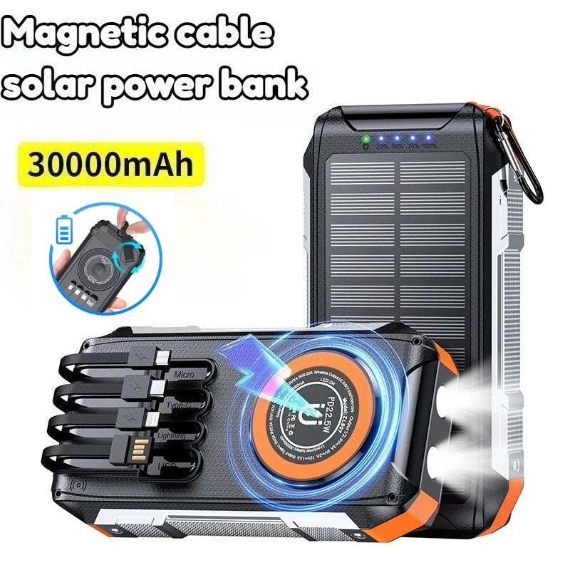 30000mAh Hand Crank Solar Power Bank Magnetic Wireless 22.5W Fast Charging for Airpods iWatch for iPhone 16 Powerbank with Light