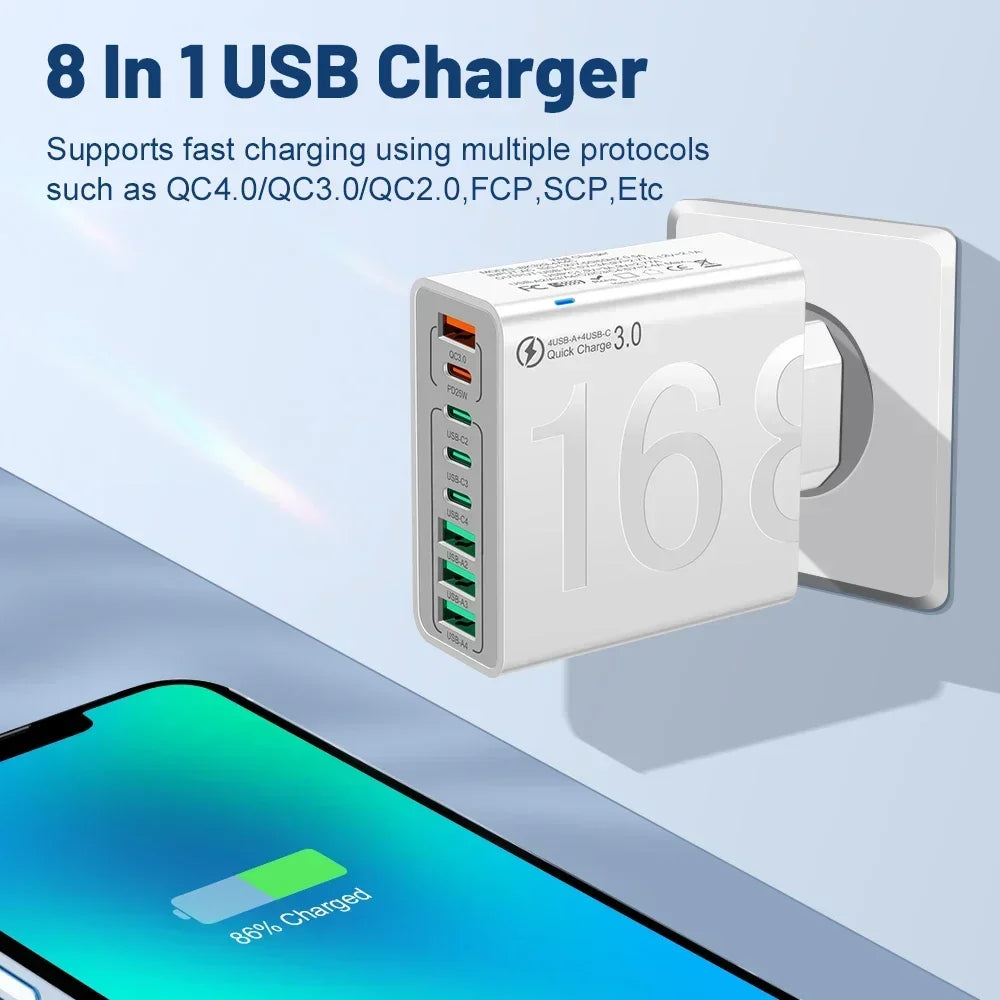 Total 150W 8 Ports USB C Charger Fast Charging PD  Mobile Phone Quick Charger 3.0 Wall Adapter For iPhone Samsung Xiaomi Huawei