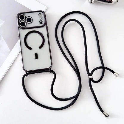Luxury Necklace Cord Rope Lanyard Plating Magnetic Clear Phone Case For iPhone 17 16 14 11 12 13 15 Pro Max For Magsafe Cover