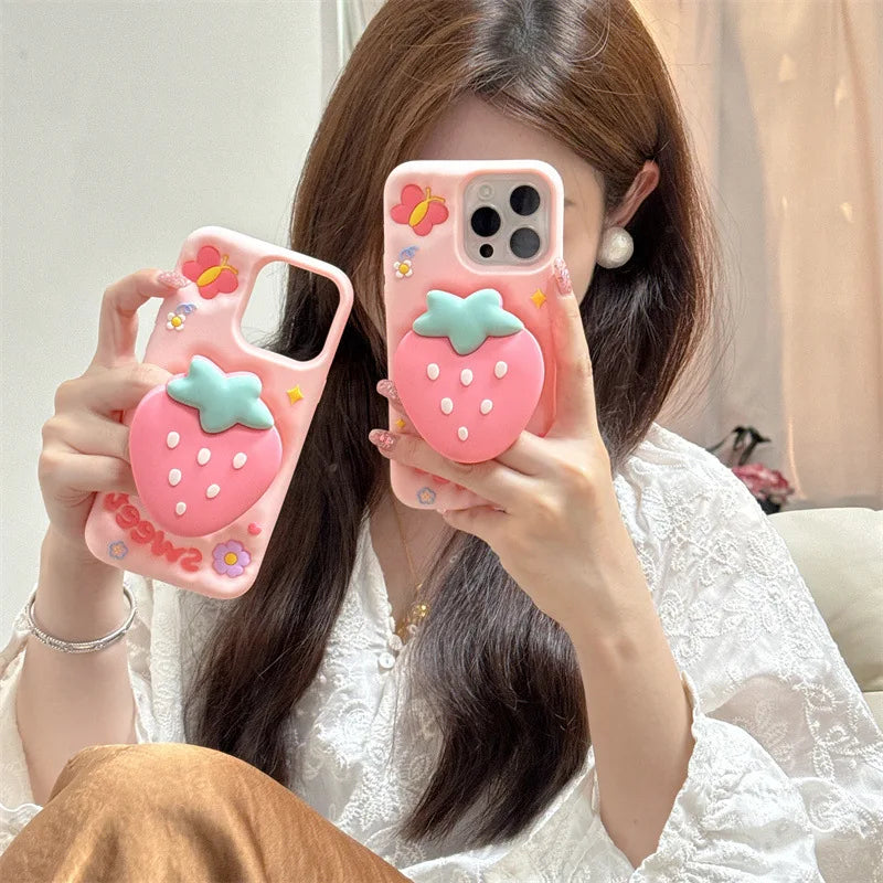 3D Cute Cartoon Strawberry Telescopic Bracket Silicone Phone Case For iPhone