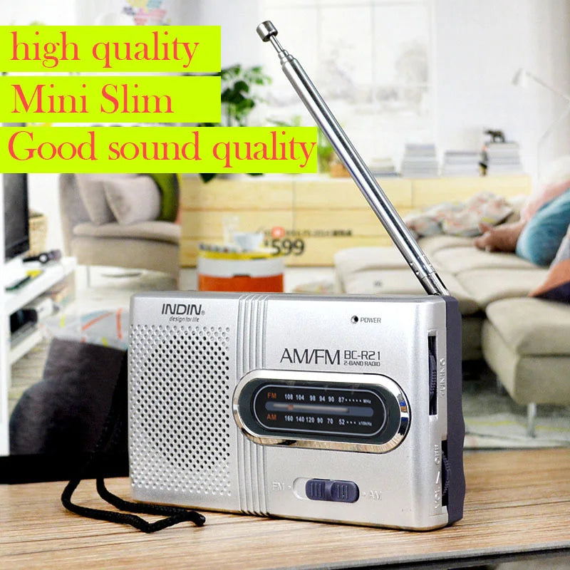 BC-R21 Portable AM FM Radio Receiver Player Built-in Speaker with a Standard 3.5MM Headphones Handheld Lightweight Ultra Thin