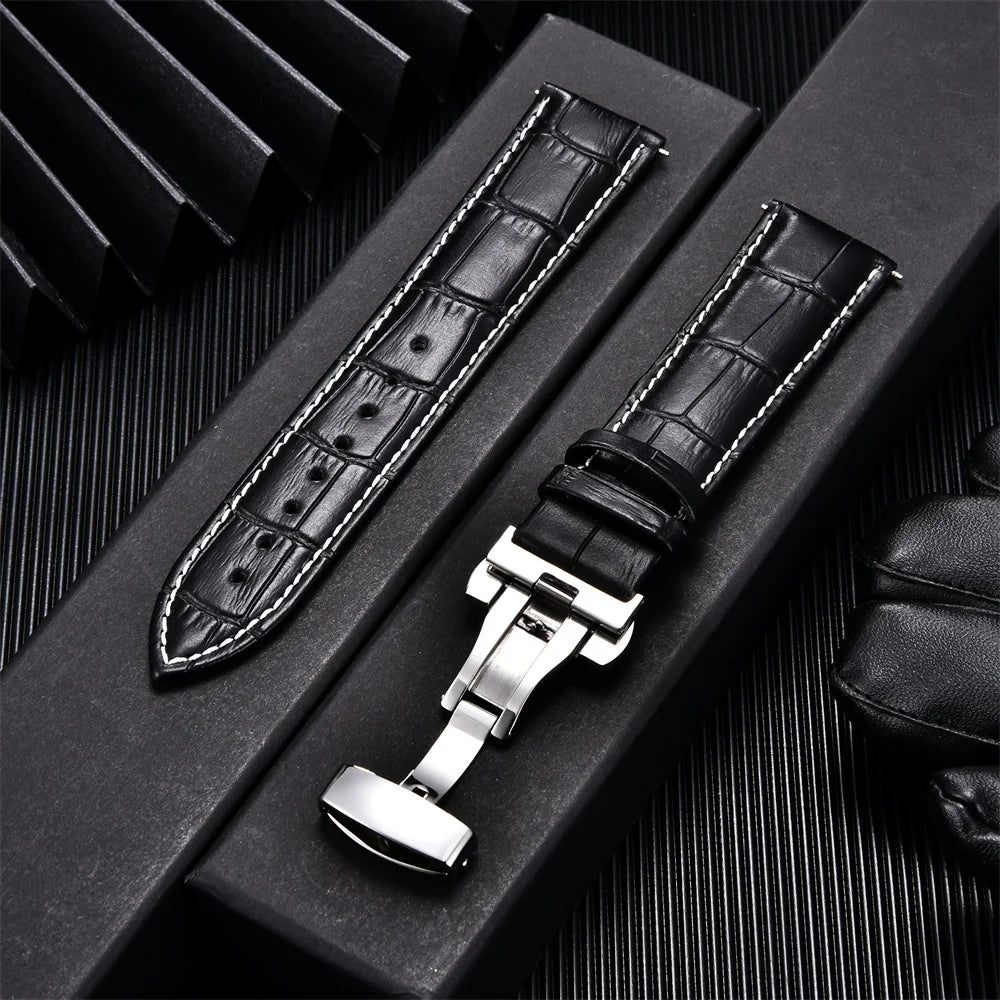 Genuine Calfskin Leather Watchbands Business Replace Watch Band 18mm 20mm 22mm 24mm With Butterfly Buckle Wristwatch Strap