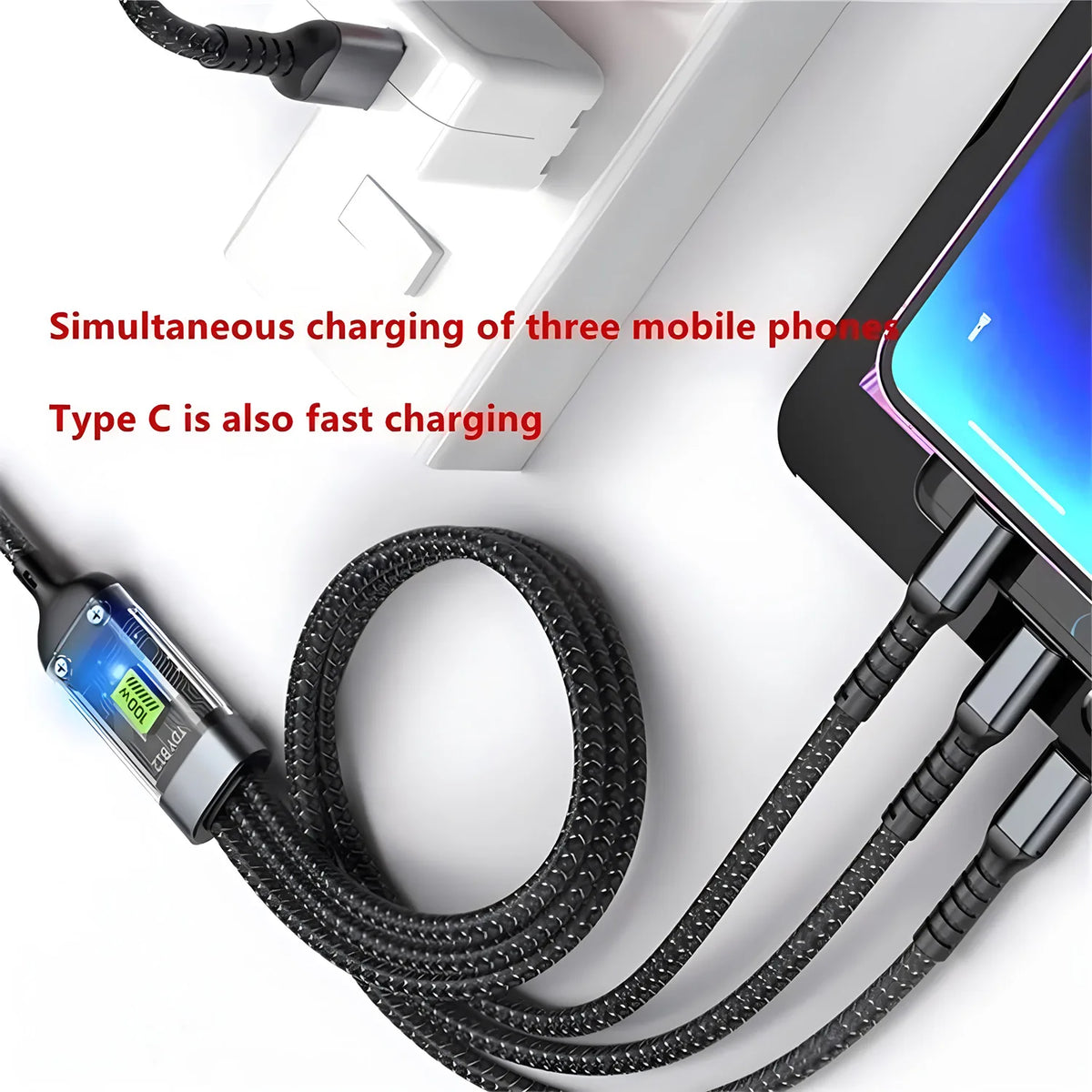 100W Fast Charging Cable Multi Charger Cable Nylon Braided Multiple USB Universal 3 in 1 Charging Cord Adapter with Type-C Micro