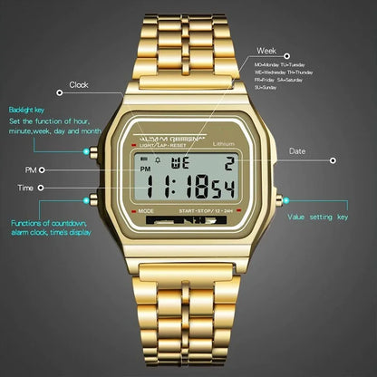 LED Digital Sports Wrist Watch Multifunction Steel Strap Business Electronic Clock for Men And Women