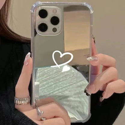 Cute Love Heart Mirror Phone Case For iPhone 11 12 13 14 15 16 Pro Max XS X XR 7 8 Plus SE Make Up Mirror Shockproof Soft Cover