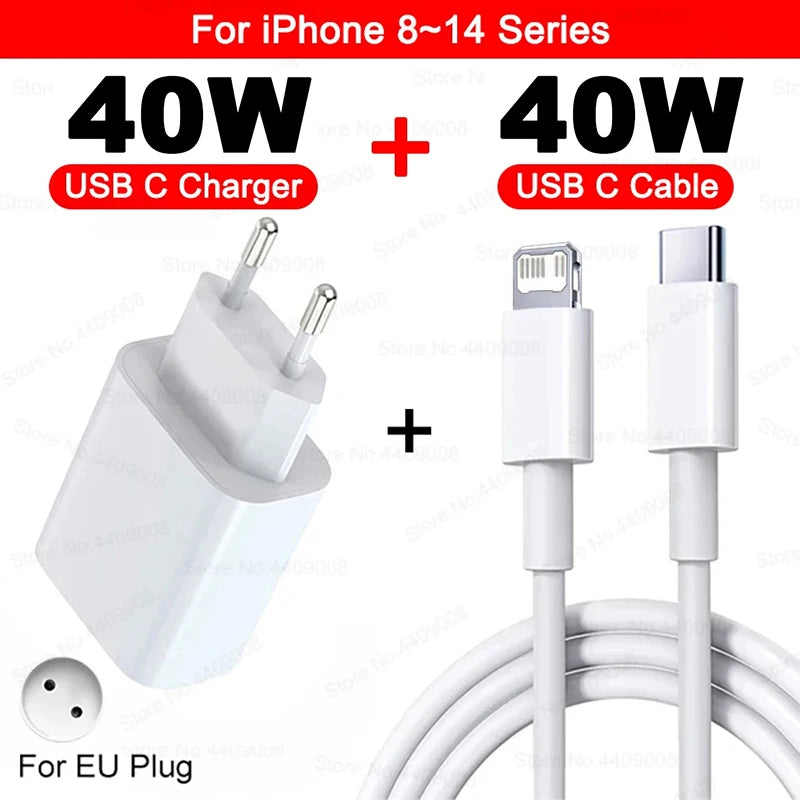 PD 40W Fast Charger For iPhone 11 12 13 14 15 16 Pro Max XR X XS 8 Plus USB C Charger Fast Charging Cable Plug Phone Accessories