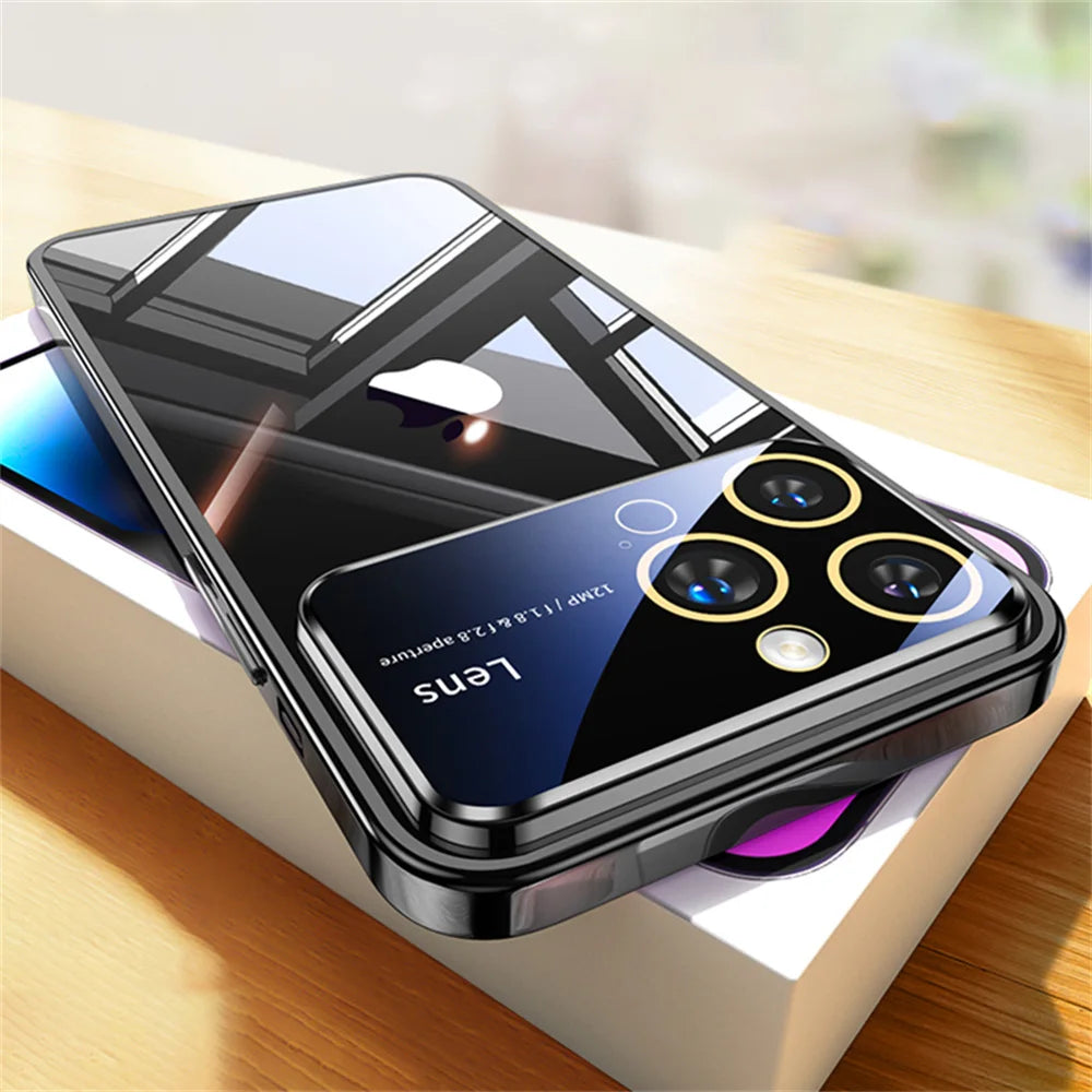 Luxury Original Plating Clear Phone Case For iPhone 15 13 12 14 Pro Max Large Window Full Lens Protection Shockproof Cover Funda