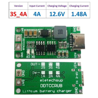 Type C BMS 2S 3S 4S 1A 2A 4A 18650 Lithium Battery Charger Board USB C Step-up Boost Module For Li-Po Polymer Power Bank