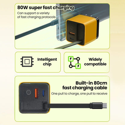 Elough 80W USB Type C Charger with Retractable Cable PD Fast Charging For iPhone 16 Laptop Macbook Phone cargador carga rápida