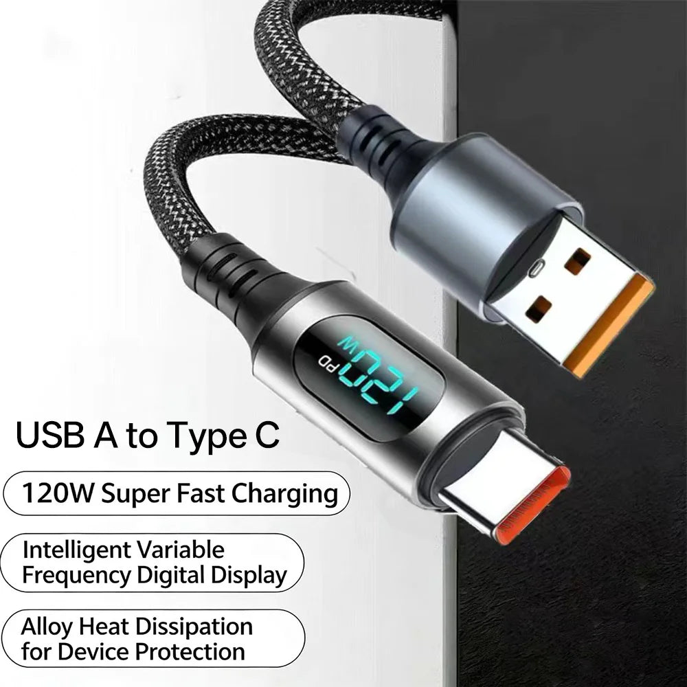 NNBILI 120W USB C to Type C With Digital Display Super Fast Charge USBA to Type C 6A Cable For Xiaomi Huawei Samsung S26 Oneplus