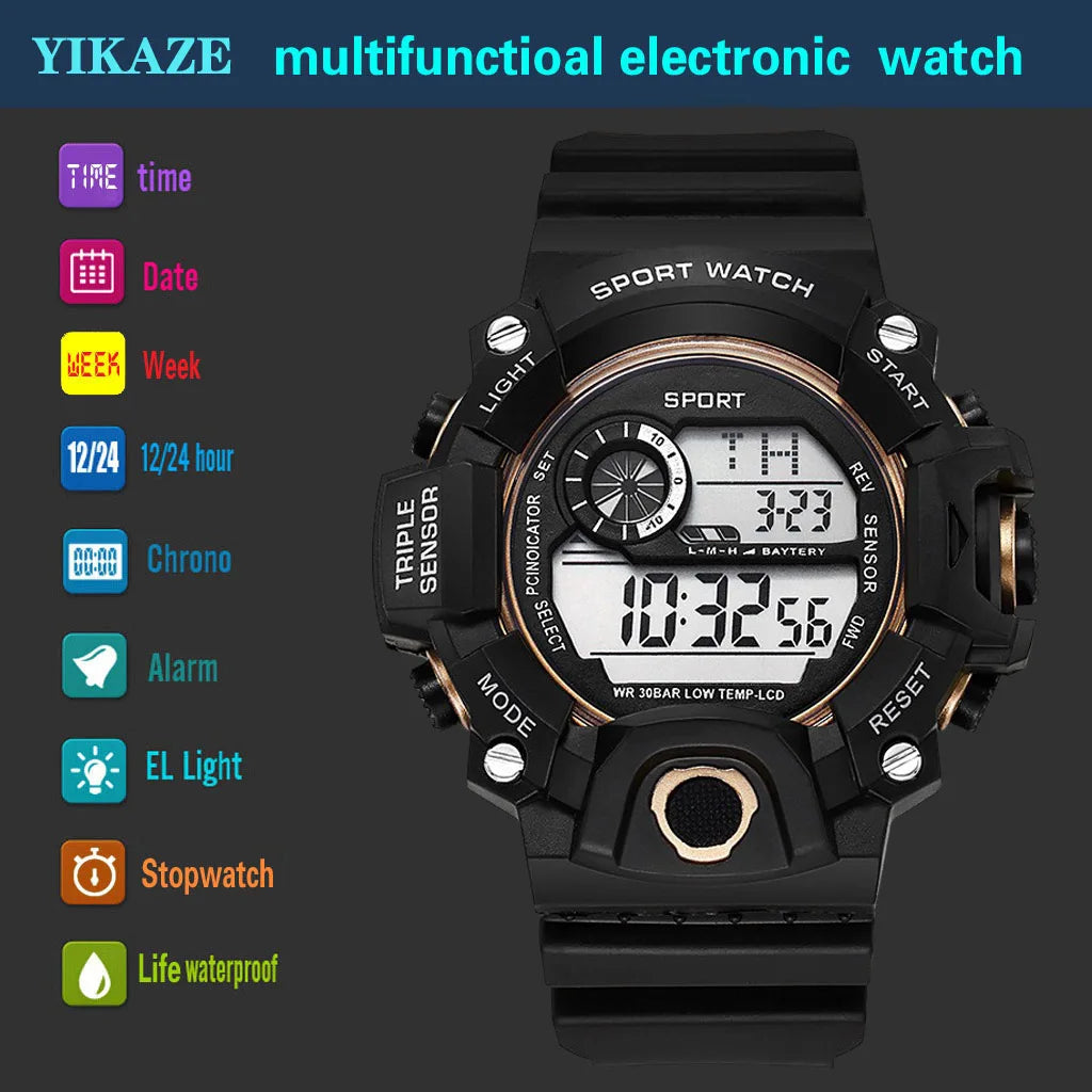 Fashion Men's Watch Sports Electronic Wristwatch Large dial Multifunctional Waterproof Luminous Alarm Kids Male's Military Watch