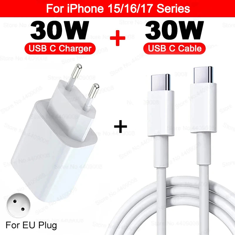 30W Type C PD Cable Fast Charger For iPhone 16 15 14 13 12 11 17 Pro Max Air iPad Travel Adapter USB C Phone Charger Accessories