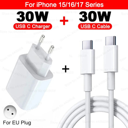 30W Type C PD Cable Fast Charger For iPhone 16 15 14 13 12 11 17 Pro Max Air iPad Travel Adapter USB C Phone Charger Accessories