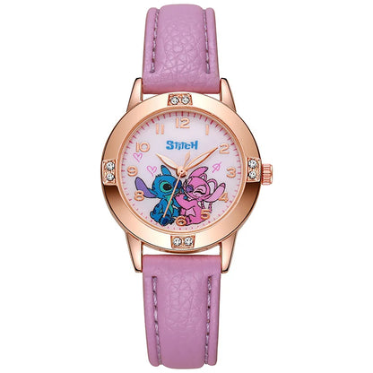 New Cartoon Pattern Stitch Girls Watches for Kids Leather Strap Children Watch with Rhinestone Dial reloj stich Exquisite Gift