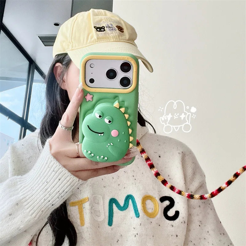 3D Cartoon Dinosaur Telescopic Bracket Soft Silicone Phone Case For iPhone