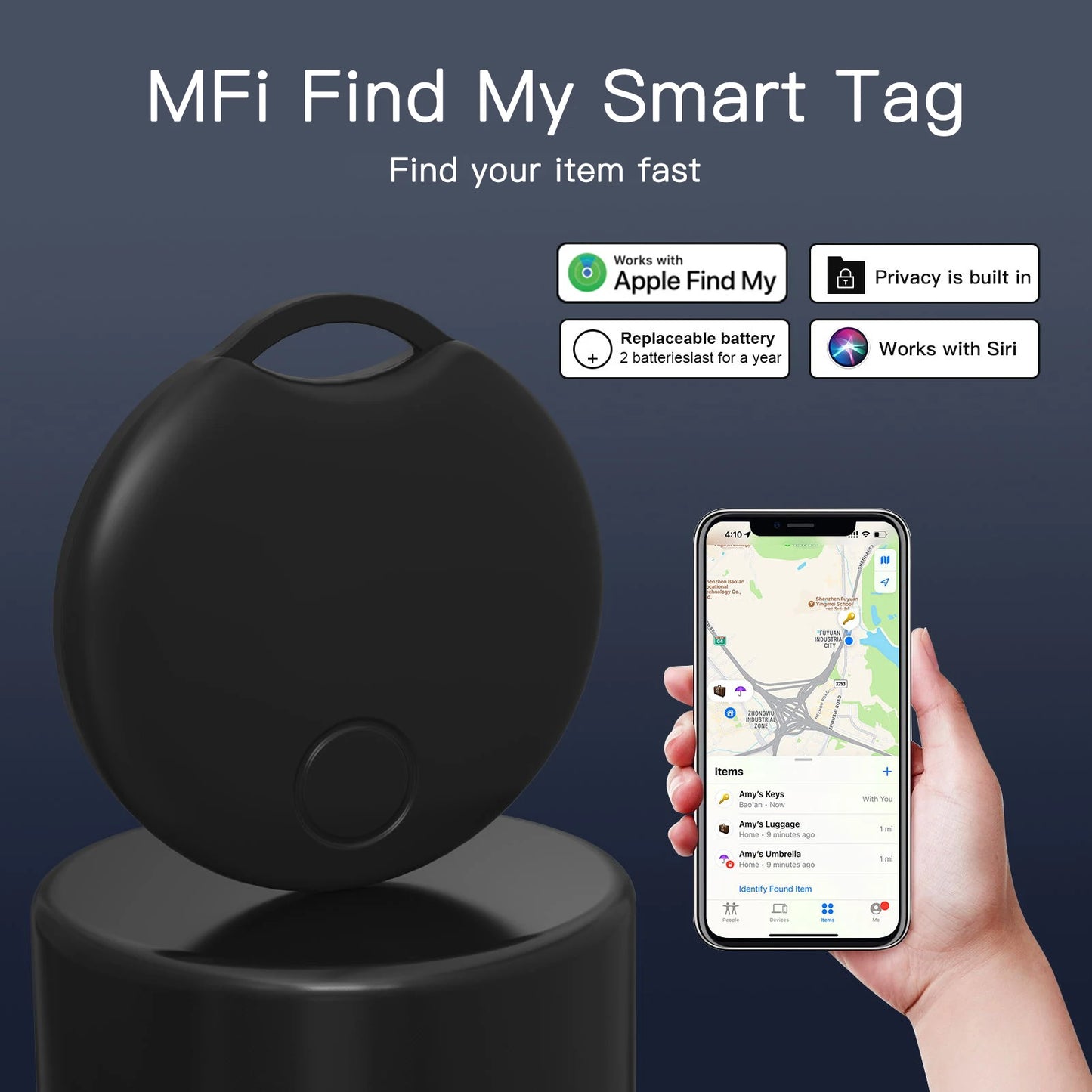 Wallet Tracker MFi Find My AirTag Left Behind Reminder Play Sound Far Away Location via Network Siri Lost Item ID IOS Smart Tag