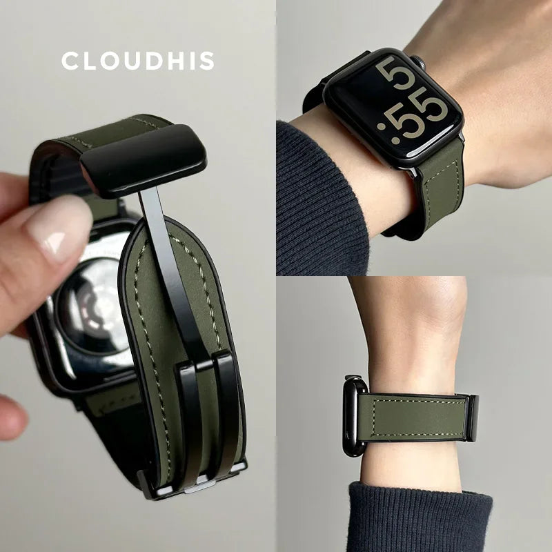 Leather Strap For Apple Watch Band 49mm 44 45 42mm 40 46 38 41mm Magnetic Bracelet Correa Men IWatch Ultra Series 10 9 8 7 SE 6