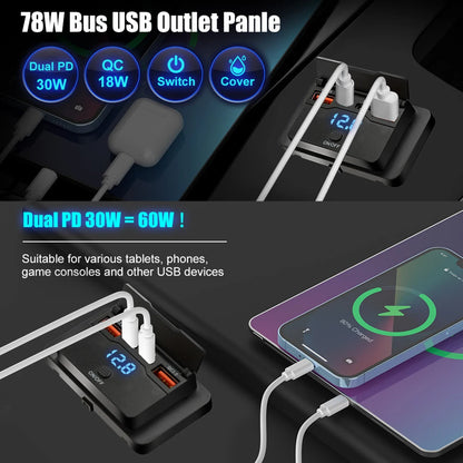 4 Ports Dual PD Dual QC 3.0 USB Car Charger with Switch 96W Quick Charging Socket USB Power for 12V/24V Car Boat Bus RV Truck