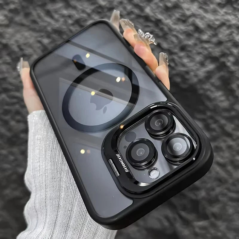 Luxury Magnetic Shockproof Phone Case For iPhone 15 14 13 12 16 17 Pro Max Plus Air 11 Funda Stand Glass Lens Protection Cover