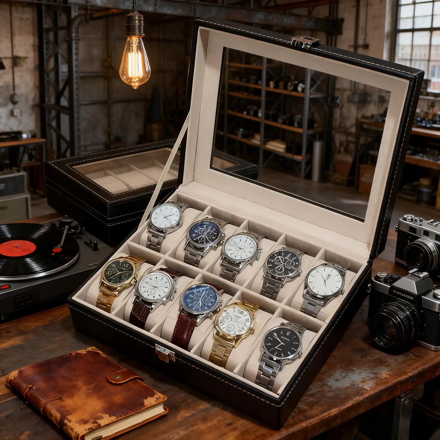 10-Slot Luxury Black Mechanical Watch Display Case with Lockable Plush-Lined Wood Box,Watch Collector's Storage Box