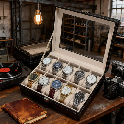 10-Slot Luxury Black Mechanical Watch Display Case with Lockable Plush-Lined Wood Box,Watch Collector's Storage Box