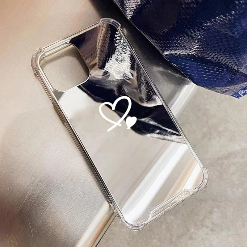 Cute Love Heart Mirror Phone Case For iPhone 11 12 13 14 15 16 Pro Max XS X XR 7 8 Plus SE Make Up Mirror Shockproof Soft Cover