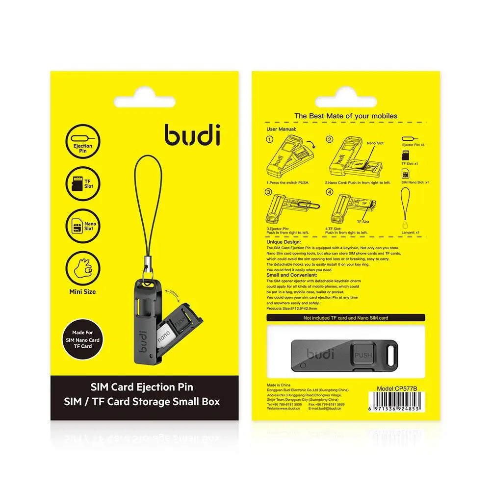 BUDI Anti-Lost Sim Card Eject Pin Needle Plastic Storage Box Mobile Phone Steel Ejector Pin SIM TF Card Tray Opener Keyring