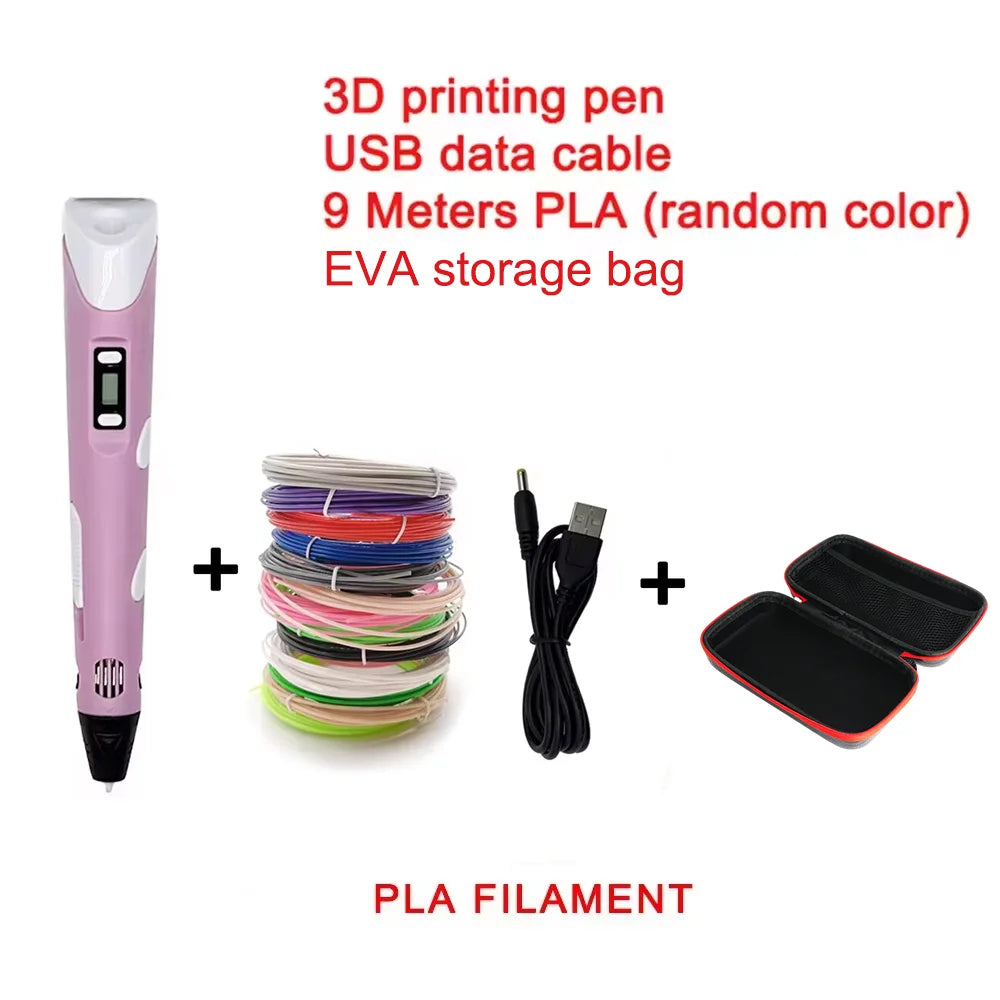 Electronic 3D Printing Pen with 9M PLA Consumables High-Temperature 3D Graffiti Tool Intelligent Toy Christmas Birthday Gift