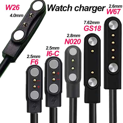 USB Charging Cable And Adapter for Smartwatches, Featuring a 2-Pin And 4-Pin Dock for Power Connection.