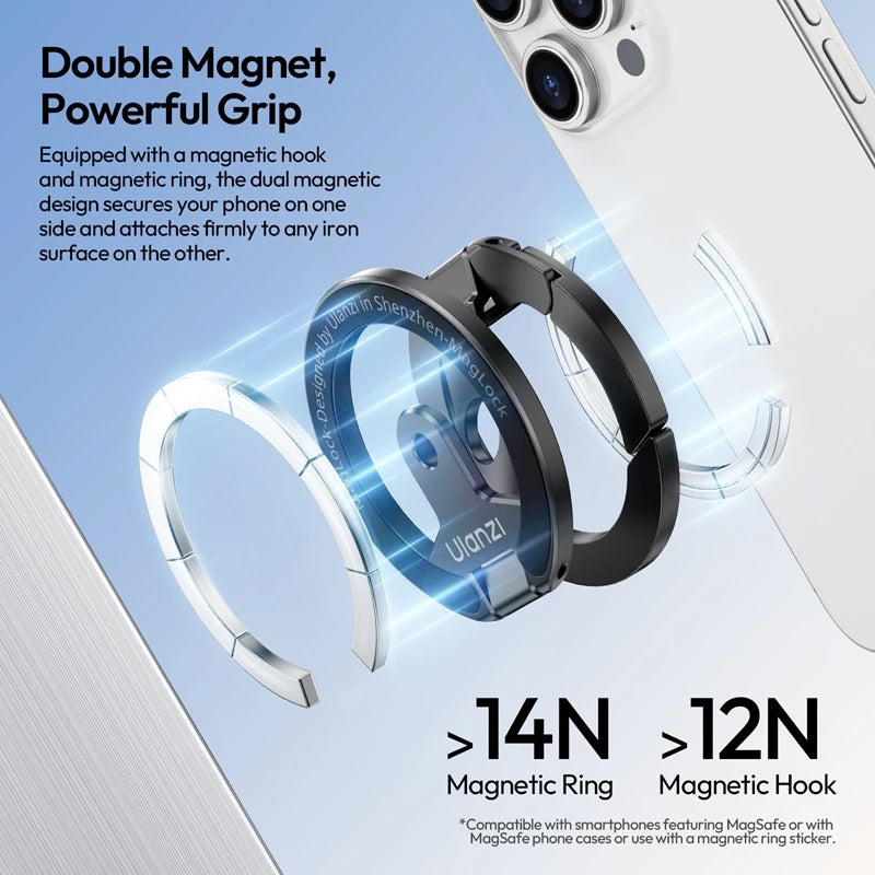 Ulanzi MA02 MagLock Daul Magnetic Phone Stand Phone Mount Handle for iPhone 16 15 Magnetic Hook Ring with 1/4''Screw Hole