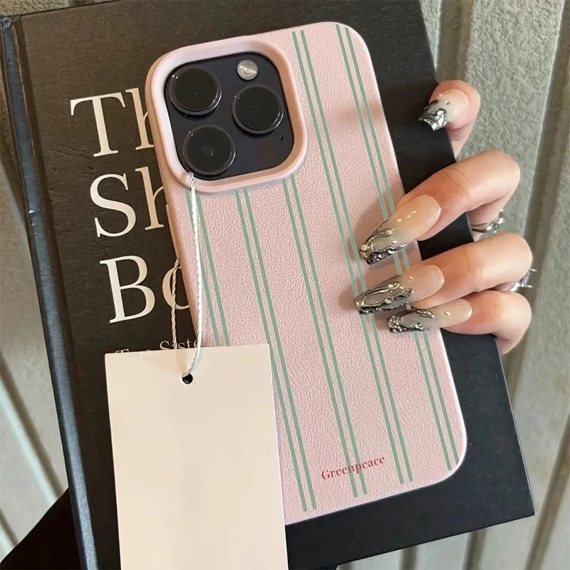 The Green Stripe Lichee Pattern Phone Case For iPhone 16 15 14 13 12 11 Pro Max 16 15 14 Plus Shockproof Silicone Phone Cover