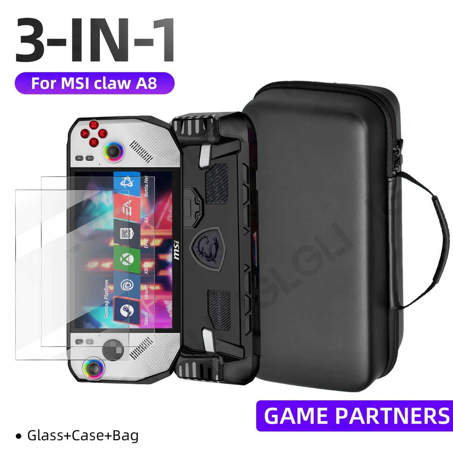 3 in 1 Accessory Kit for MSI Claw A8 BZ2EM Protective Case with Screen Protector Glass and Carrying Bag Travel Storage Cover