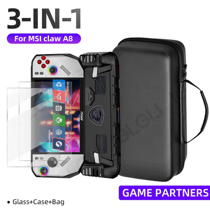 3 in 1 Accessory Kit for MSI Claw A8 BZ2EM Protective Case with Screen Protector Glass and Carrying Bag Travel Storage Cover