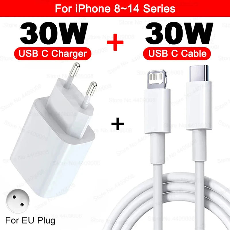 30W Type C PD Cable Fast Charger For iPhone 16 15 14 13 12 11 17 Pro Max Air iPad Travel Adapter USB C Phone Charger Accessories