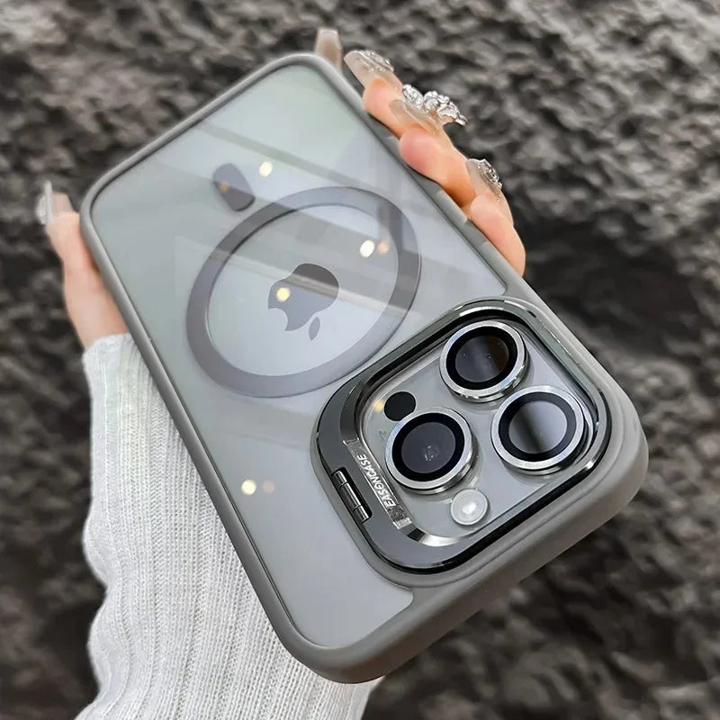 Luxury Magnetic Shockproof Phone Case For iPhone 15 14 13 12 11 16 Pro Max 16 Plus 16E Funda Stand Glass Lens Protection Cover