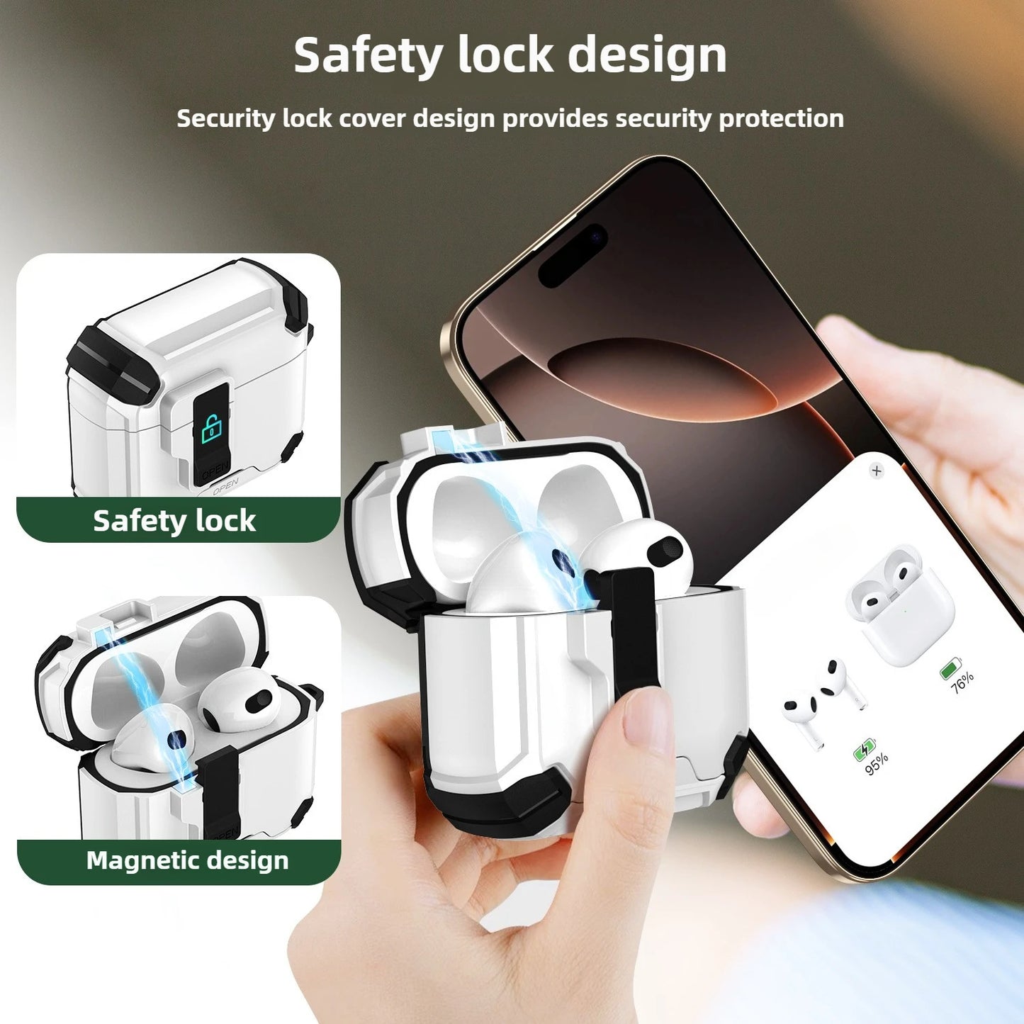 Safety Lock with Magnetic Closure Earphone Case for Airpods Pro 3 & Airpods 1/2/3/4/Pro Elastic Cover Use As Mobile Phone Holder