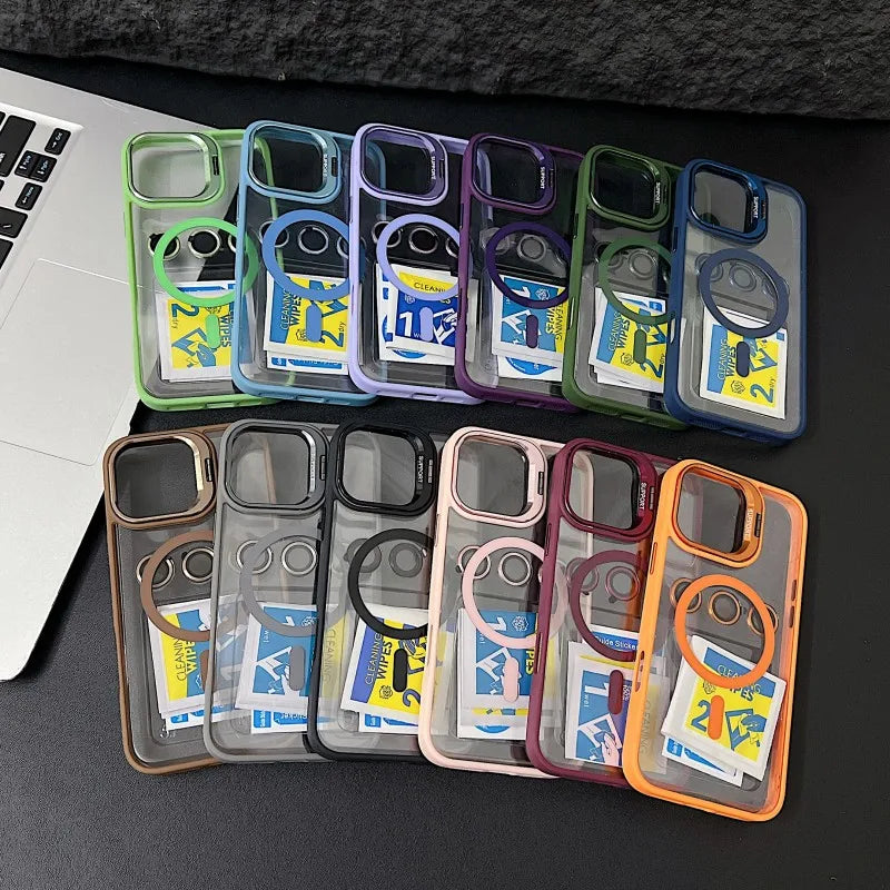 Luxury Magnetic Shockproof Phone Case For iPhone 15 14 13 12 11 16 Pro Max 16 Plus 16E Funda Stand Glass Lens Protection Cover
