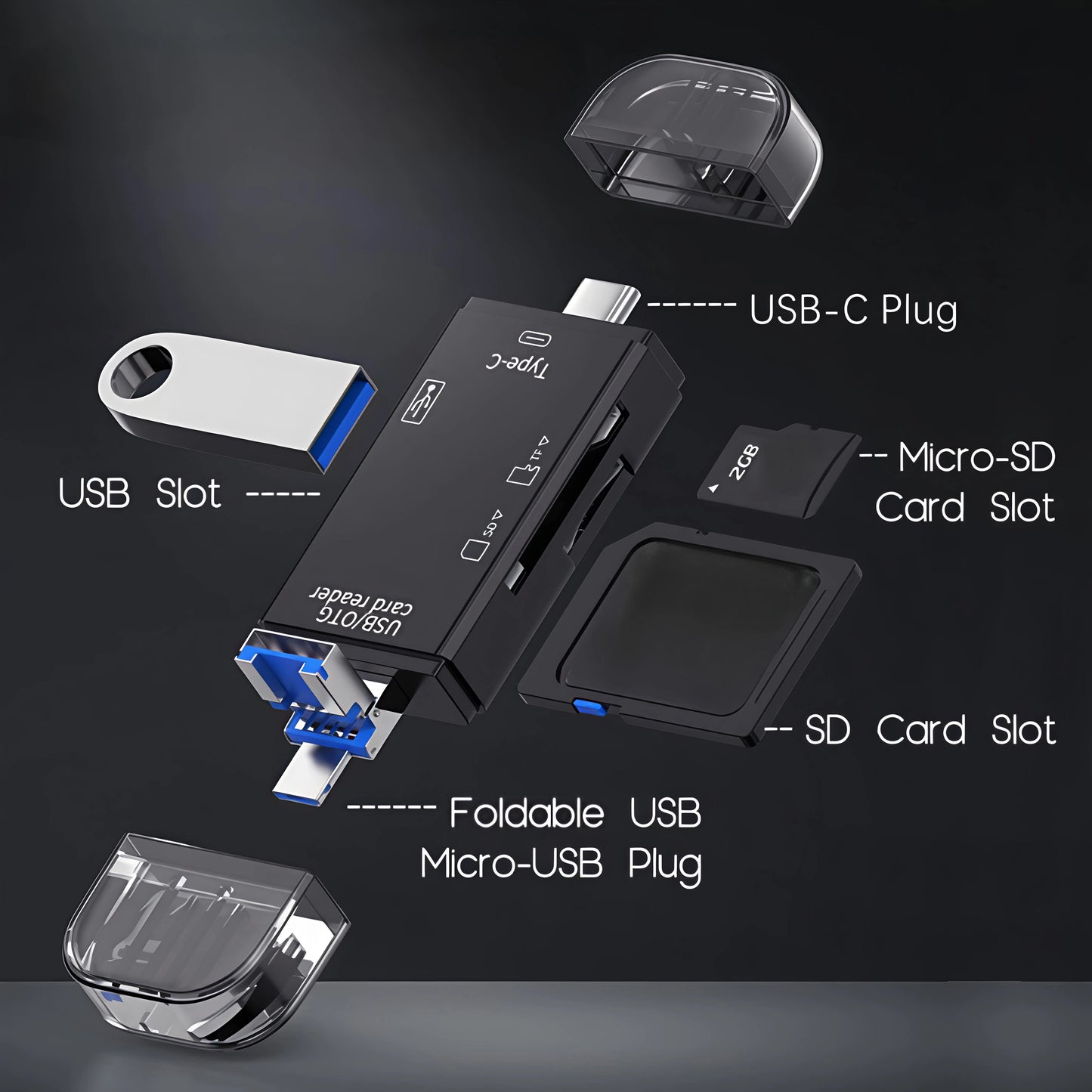 6-in-1 Type-C USB Card Reader, Flip Cover to Micro Adapter for Smartphones and Computers, USB2.0 OTG Card, with A and C Types, M