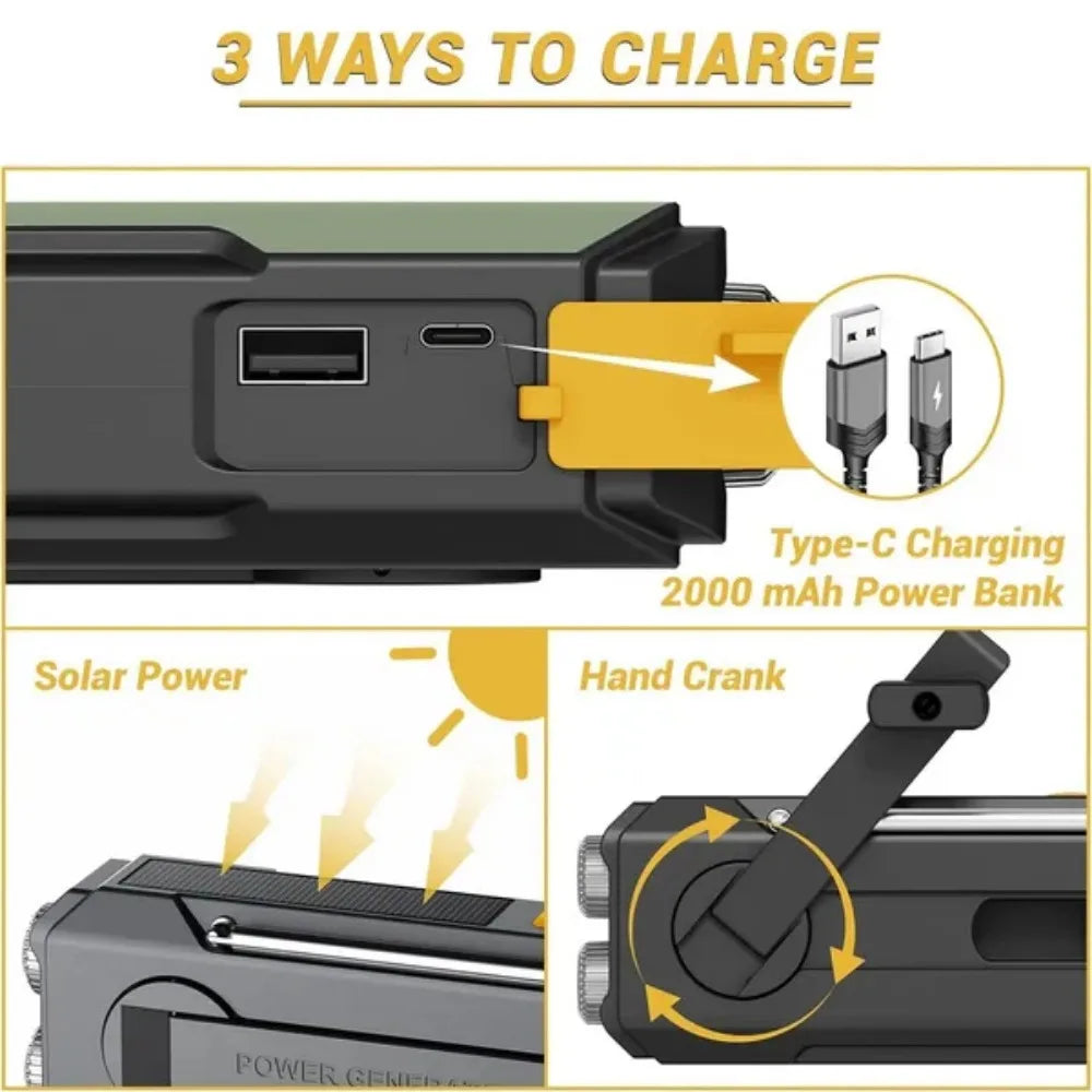STONEGO Emergency Radio Solar Power Hand Crank Radio Global Receiver High Quality LED Torch Reading Light SOS Alarm 2000mAh