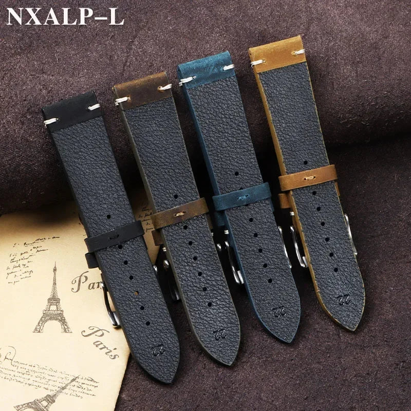 Vintage Oil Wax Leather Watch Band 18mm 20mm 21mm 22mm Handmade Stitching Cowhide Strap for Omega for Seiko Smartwatch Wristband