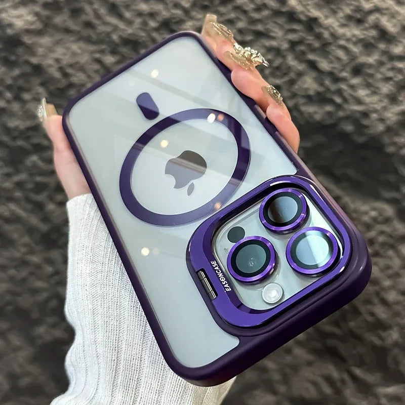 Luxury Magnetic Shockproof Phone Case For iPhone 15 14 13 12 11 16 Pro Max 16 Plus 16E Funda Stand Glass Lens Protection Cover