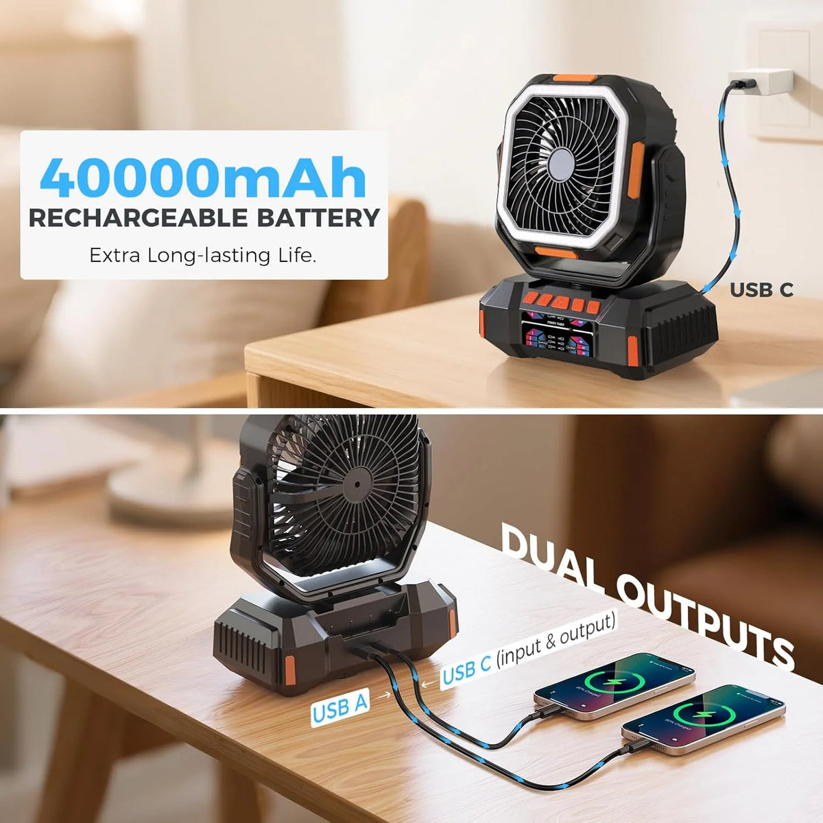 40000mAh Camping Fan Rechargeable Desktop Portable Air Circulator Wireless Ceiling Electric Fan with Power Bank LED Lighting