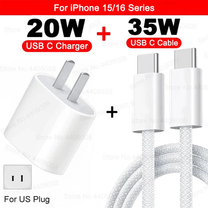 20W USB C PD Charger Quick Charge 3.0 USB Type C Phone Chargers Cable Fast Charging Adapter For iPhone 16 15 14 13 12 11 Pro Max