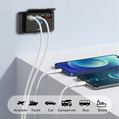 4 Ports Dual PD Dual QC 3.0 USB Car Charger with Switch 96W Quick Charging Socket USB Power for 12V/24V Car Boat Bus RV Truck