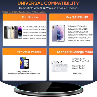 LED Fast Wireless Charging Stand Universal Charger Dock Pad for iPhone 17 16 15-8 Series Samsung S24/S23/S22/S21 Xiaomi Huawei