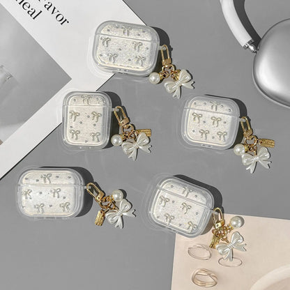 Fashion 3D Bowknot Glitter Earphone Case for AirPods Pro3/Pro2/Pro Shockproof Case for AirPods 4/3/2/1 with Pearl Bow Keychain