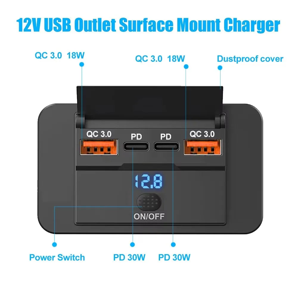 4 Ports Dual PD Dual QC 3.0 USB Car Charger with Switch 96W Quick Charging Socket USB Power for 12V/24V Car Boat Bus RV Truck